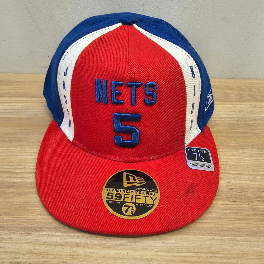 Vintage New York Nets 5 Jason Kidd Fitted Cap Red Blue REEBOK Wool NBA 7 1/2 NEW
